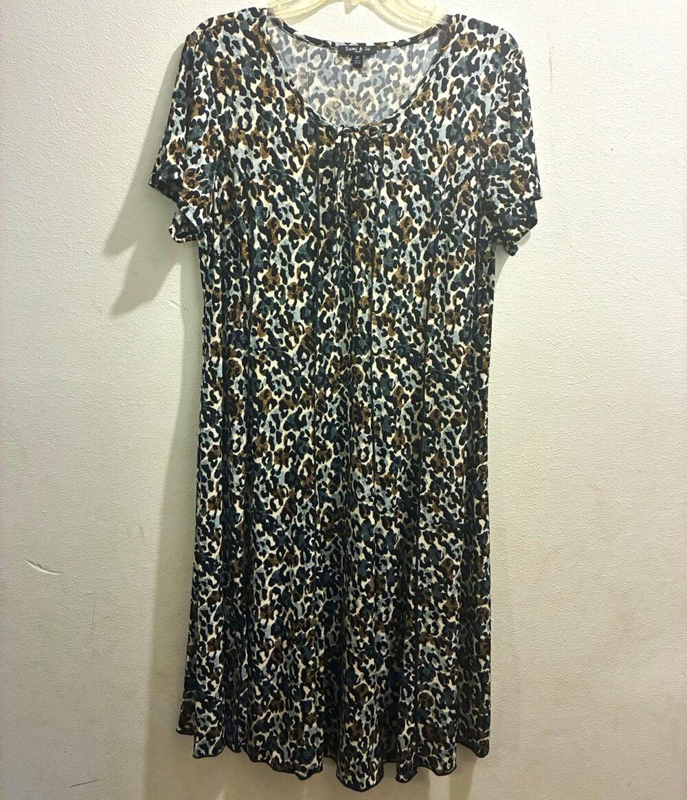 Sami & Jo Plus 2X Leopard Animal Print Knit Stretch T-Shirt Dress Tie